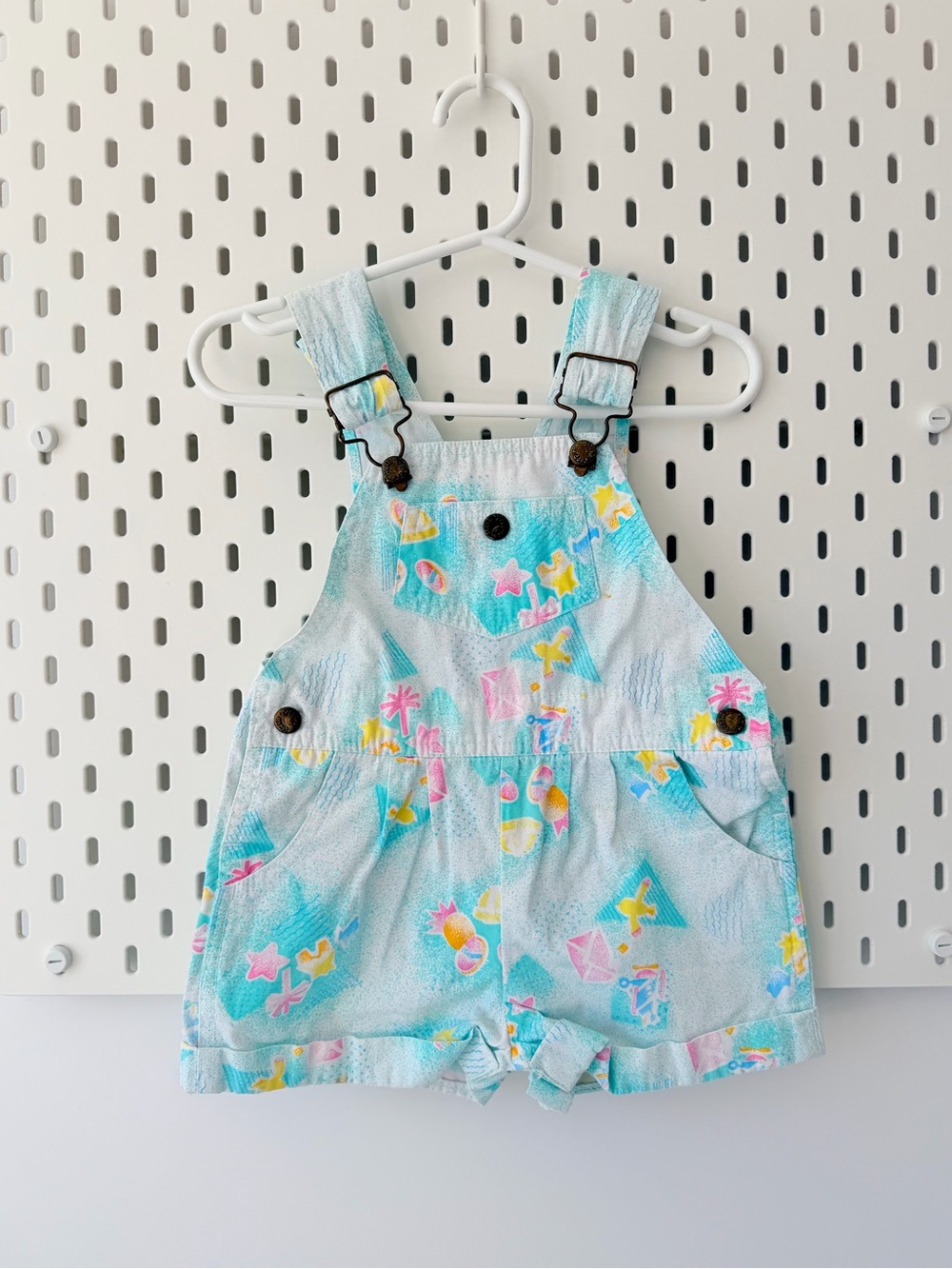 Vintage HushPuppies Pastel Aqua Print 24M Shortalls with Pink & Yellow Accents
